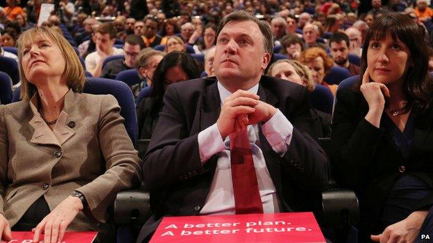 Harriet Harman, Ed Balls and Rachel Reeves at the Labour rally