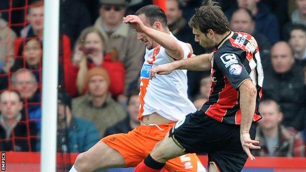 Brett Pitman smashes home his first goal for Bournemouth against Blackpool