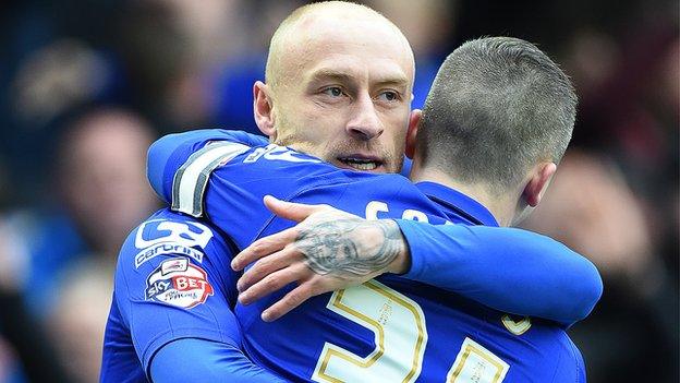 Birmingham City winger David Cotterill is congratulated after scoring his side's opener against Huddersfield at St Andrew's