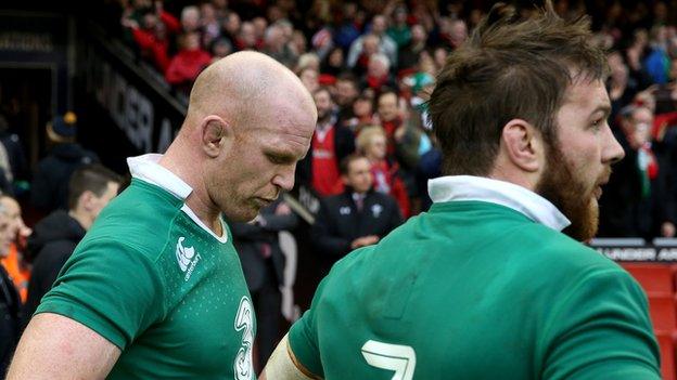 Paul O'Connell and Sean O'Brien look dejected after Ireland's 23-16 defeat at the Millennium Stadim