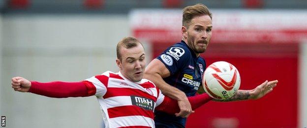 Grant Gillespie and Martin Woods tussle for possession