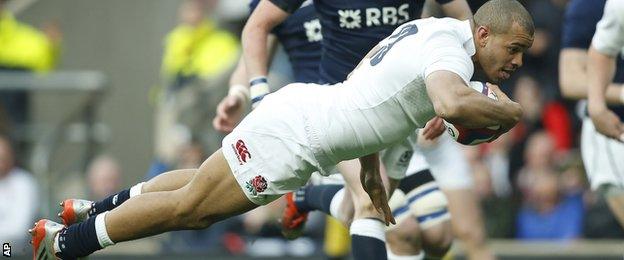 Jonathan Joseph scoring a try for England versus Scotland