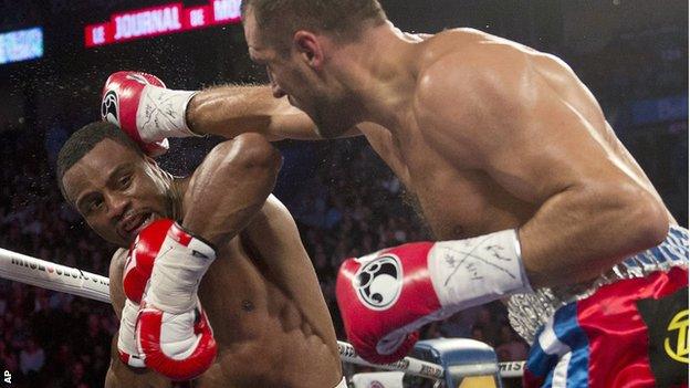 Sergey Kovalev lands a right against Jean Pascal of Canada