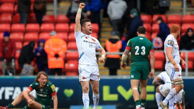 Exeter captain Ceri Sweeney celebrates his side's semi-final win at Leicester