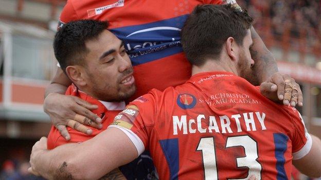 Hull KR's Ken Sio celebrates his first try