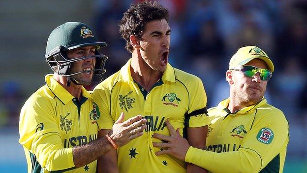 Australia's Glenn Maxwell, Mitchell Starc and Aaron Finch