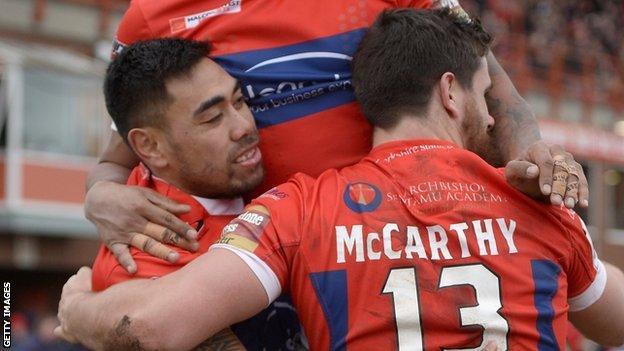 Hull KR's Ken Sio celebrates his first try