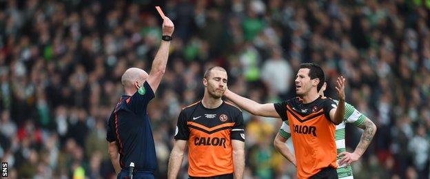 Referee Bobby Madden sends off Dundee United captain Sean Dillon