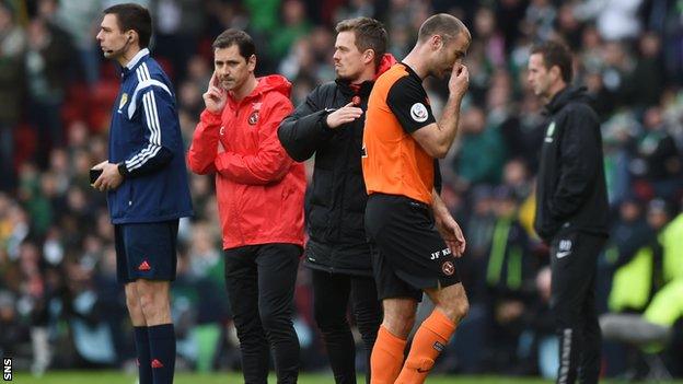 Dundee United captain Sean Dillon was sent off in the second half.