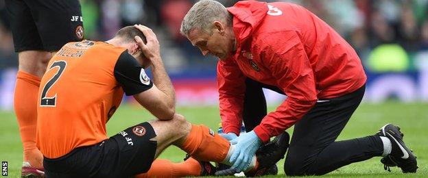 Sean Dillon receives treatment after a challenge by Virgil van Dijk