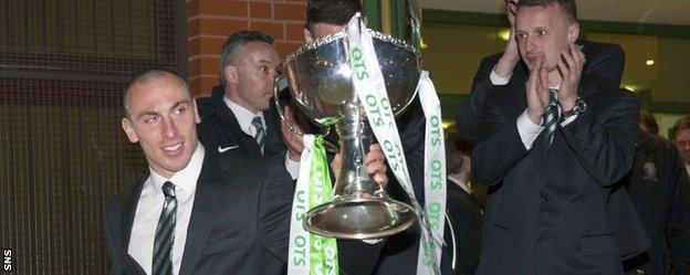 Celtic captain Scott Brown with the Scottish League Cup trophy