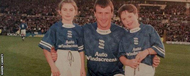 Karen Carney (l) as a youngster with forming Birmingham City player Steve Claridge