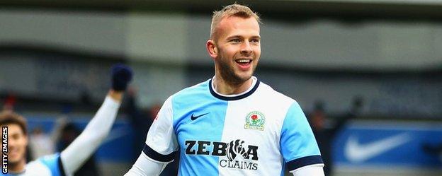 Jordan Rhodes celebrates a goal for Blackburn