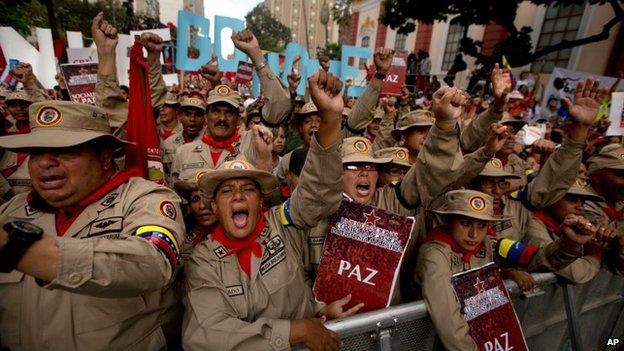 Bolivarian Militia members shout slogans against US President Barak Obama during a pro-government rally outside Miraflores presidential palace in Caracas on 15 March, 2015.