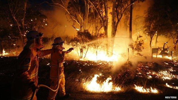 Firefighters attempt to extinguish a bushfire at the Windsor Downs Nature Reserve, near Sydney September 10, 2013