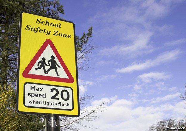 Sign reads: "School Safety Zone - max speed 20mph"