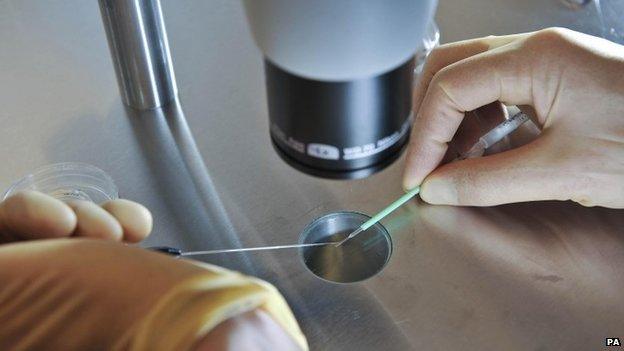 Embryos being placed onto a CryoLeaf ready for instant freezing during the vitrification process.
