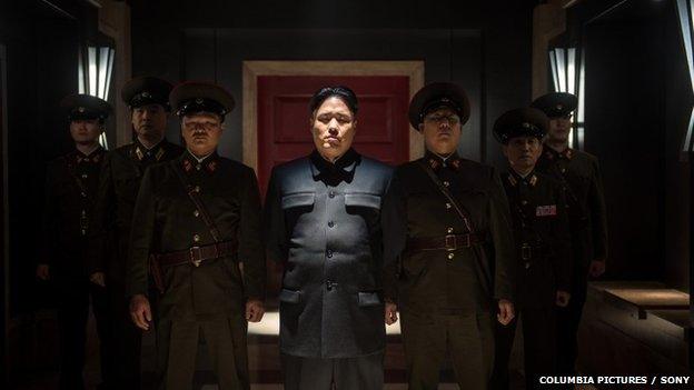 Sony shows, Randall Park, center, as Kim Jong Un in Columbia Pictures"