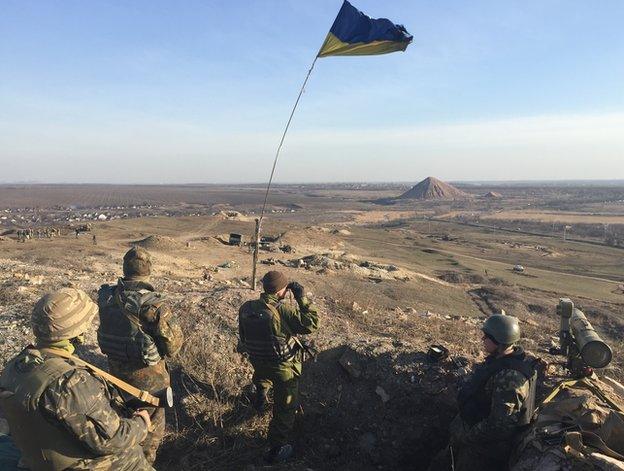 Ukrainian army position looking east towards front line