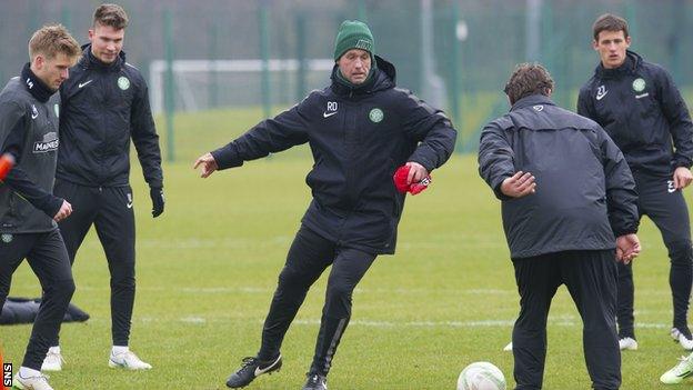 Celtic manager Ronny Deila takes part in a training session