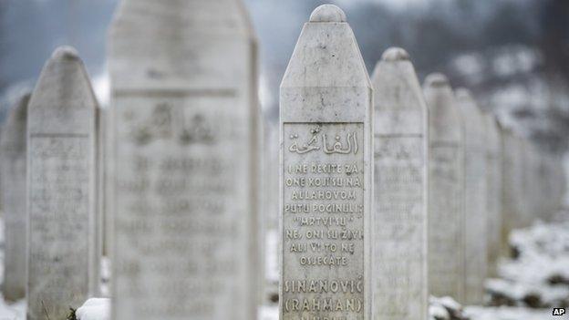 The memorial cemetery of Potocari, outside Srebrenica, 150km north-east of Sarajevo, shows the gravestone of Muriz Sinanovic who was among 8,000 Muslim Bosniak men and boys killed in the July 1995 Srebrenica massacre (March 2015)