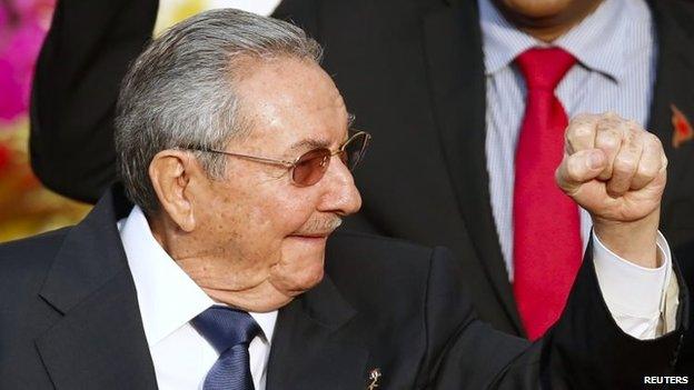 Cuba's President Raul Castro gestures during an Alba alliance summit in Caracas on 17 March, 2015