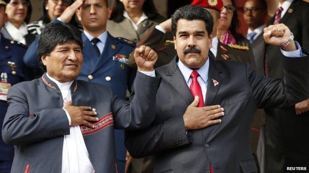 Venezuela's President Nicolas Maduro (right) and Bolivia's President Evo Morales (left) at the Alba alliance summit in Caracas on 17 March, 2015.