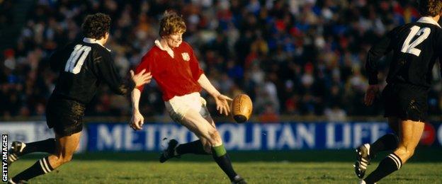 Ex-Ireland stand-off Ollie Campbell kicks against New Zealand for the 1983 British and Irish Lions