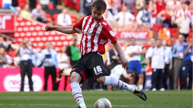 Andy Taylor fails to score in the League One play-off final for Sheffield United v Huddersfield at Wembley, May 2012