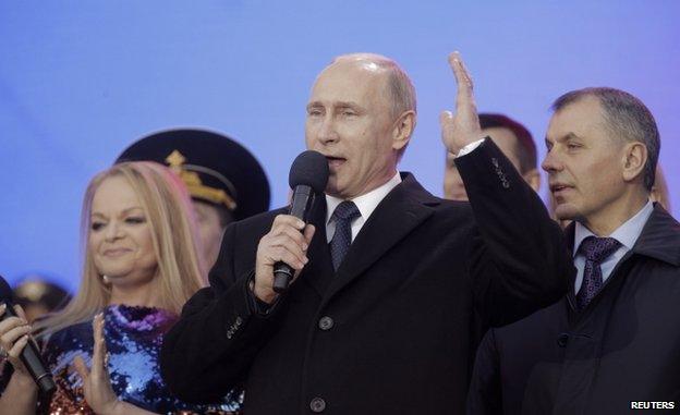 Russian President Vladimir Putin addresses crowd at Kremlin (18 March)