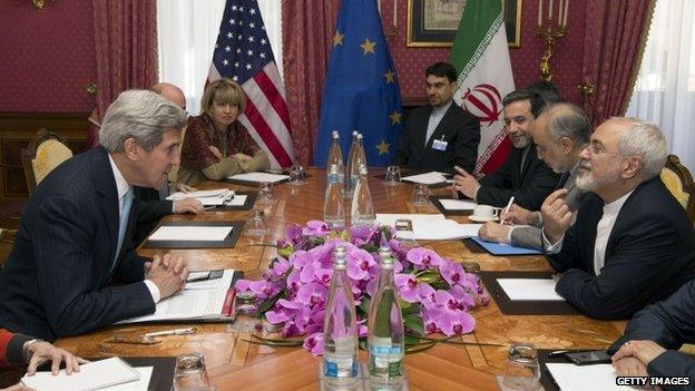 US Secretary of State John Kerry (L) meets with Iran"s Foreign Minister Mohammad Javad Zarif (R) on March 18, 2015 over Iran"s nuclear program in Lausanne.