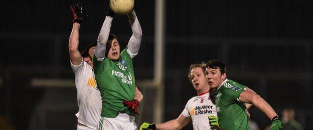 Fermanagh's Sean McManus wins the high ball but Tyrone were the victors in Omagh