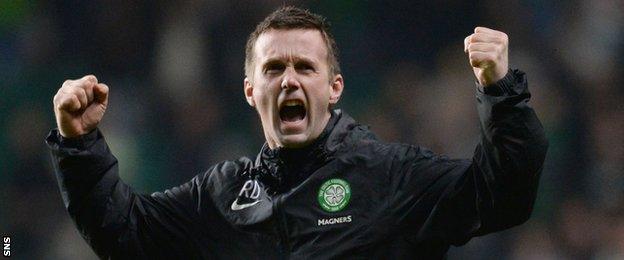 Ronny Deila celebrates at full-time after Celtic made the Scottish Cup semi-final.