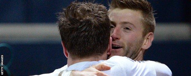 Paul Gallagher celebrates with Preston team-mate Scott Laird