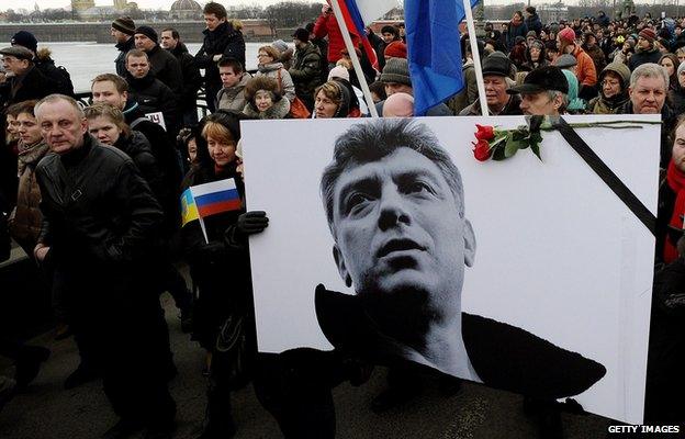 Russia's opposition supporters march in memory of murdered Kremlin critic Boris Nemtsov in central Saint Petersburg on March 1, 2015.