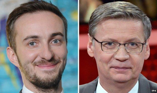 German television hosts Jan Boehmermann (left) from 22 February 2012 and Guenther Jauch (right) from 16 February 2014 in Berlin.