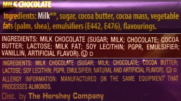 Lists of ingredients from British-made Dairy Milk (top), Hershey's, and US-made Dairy Milk