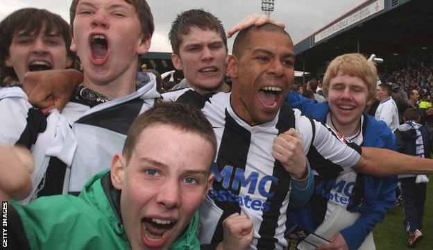 Rochdale's Nathan Stanton celebrates with fans after their 2008 play-off semi-final win over Darlington