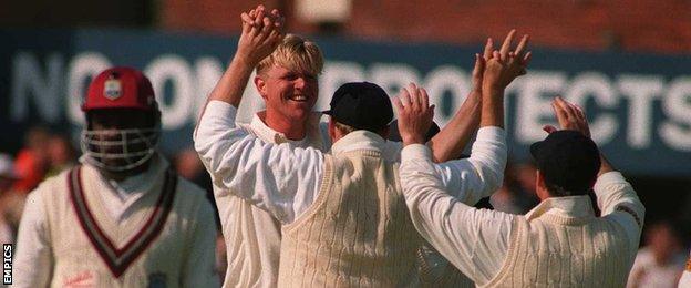 England bowler Peter Martin celebrates the wicket of West Indies skipper Richie Richardson in 1995