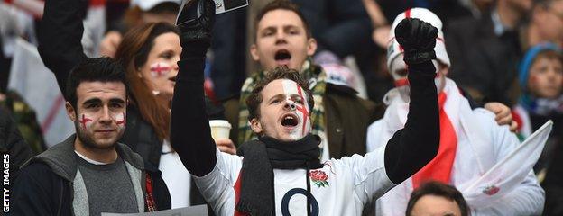 England rugby fans celebrate at Twickenham