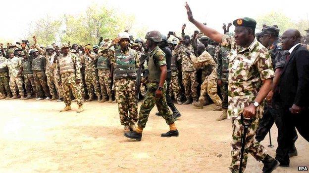 Nigerian President Goodluck Jonathan visits troops in Borno State