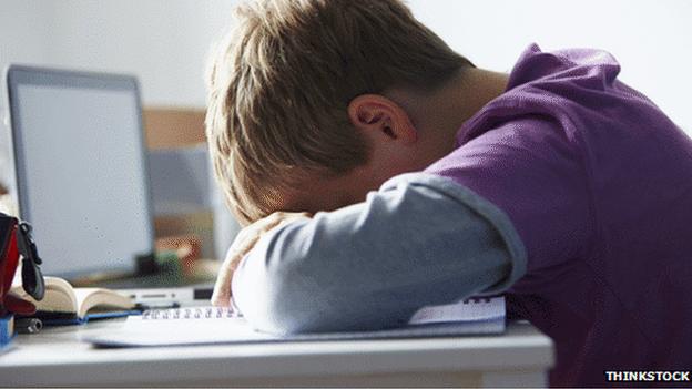 Boy with head in hands in front of a computer