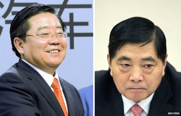 A combination shows file photos of Xu Jianyi, president of Chinese company First Automotive Works, smiling during a ceremony in Wolfsburg April 23, 2012 and Qiu He, deputy head of the party of Yunnan province, at a discussion in Beijing November 9, 2012