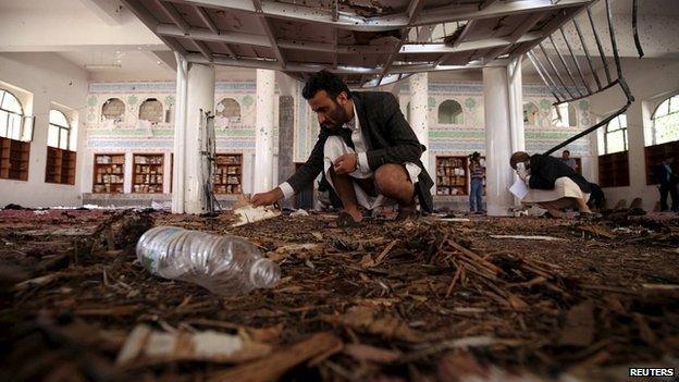 Damage to mosque in Sanaa hit by suicide bombings. 20 March 2015