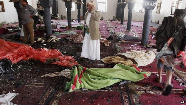 Bodies on the floor of a mosque in Sanaa. 20 March 2015