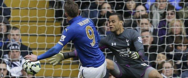 Leicester City striker Jamie Vardy pulls a goal back for his side at Tottenham