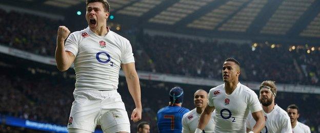 Ben Youngs celebrates scoring against France