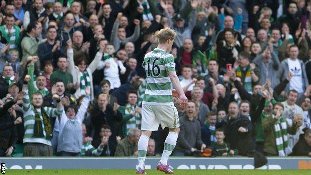 Gary Mackay-Steven holds back his celebration after scoring against his old club