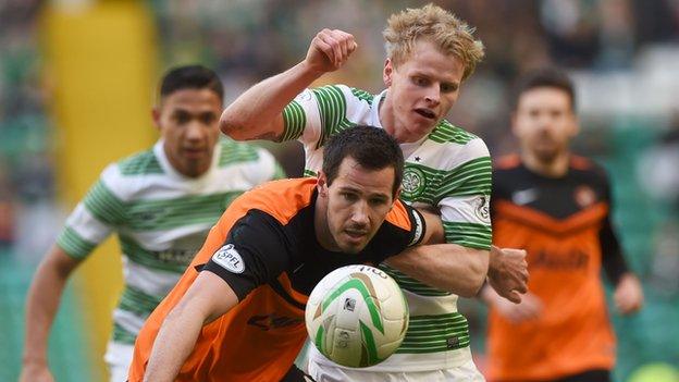 Gary Mackay-Steven (right) battles against ex-teammate Ryan McGowan.