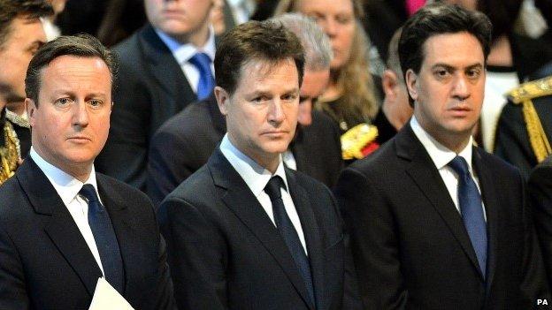 David Cameron, Nick Clegg and Ed Milibnd at a recent church service to commemorate the end of UK combat operations in Afghanistan